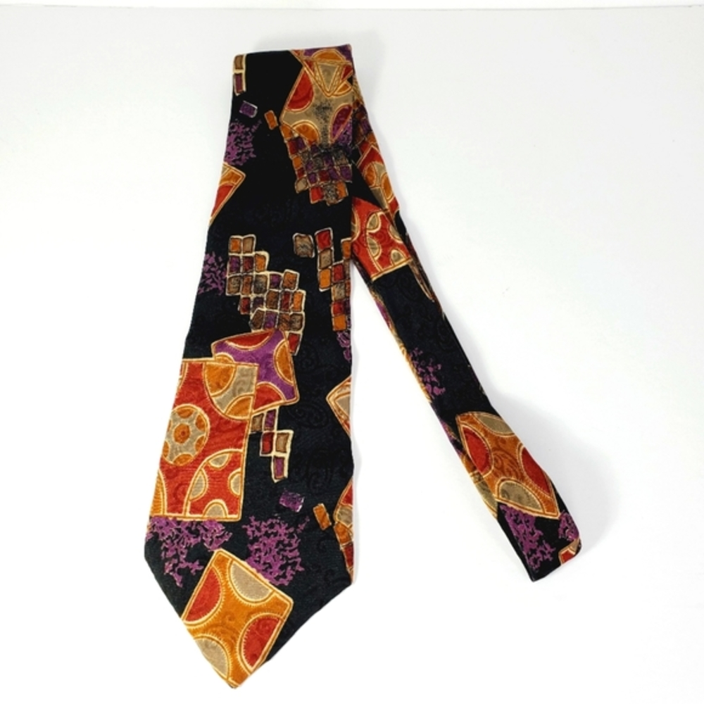 Mens Erreuno Abstract Silk Neck Tie Black Rust Purple Made in Italy Milano